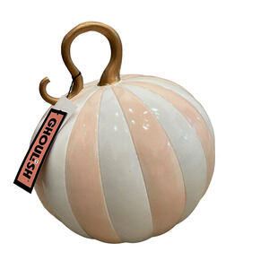 Ghoulish Pink White Stripe Pumpkin Hand-Painted  Resin with Gold Leaf Stem NEW